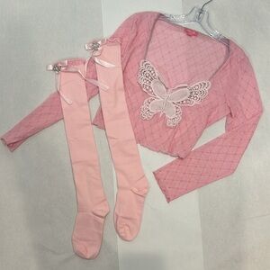 Sugar Thrillz Princess Pink Y2K butterfly mesh top XL/ knee high pearl pin socks